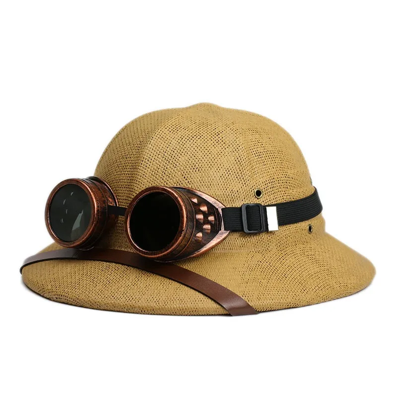 Casco de Explorador Estilo Steampunk con Gafas de Protección UV, Sombrero de Paja de Ala Ancha, Sombrero de Corcho para Protección Solar, Estilo Safari, Ecuestre y Colonial