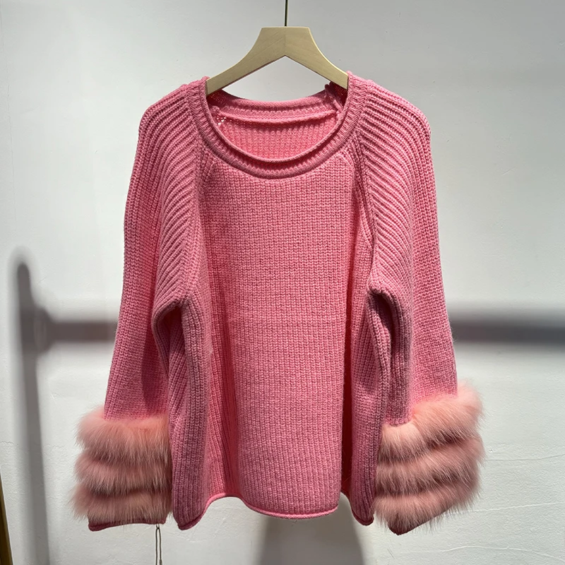 2025 Women Winter Thick Blue Natural Fox Fur Girl Autumn Classic Colorful Sweater Knitted Coat