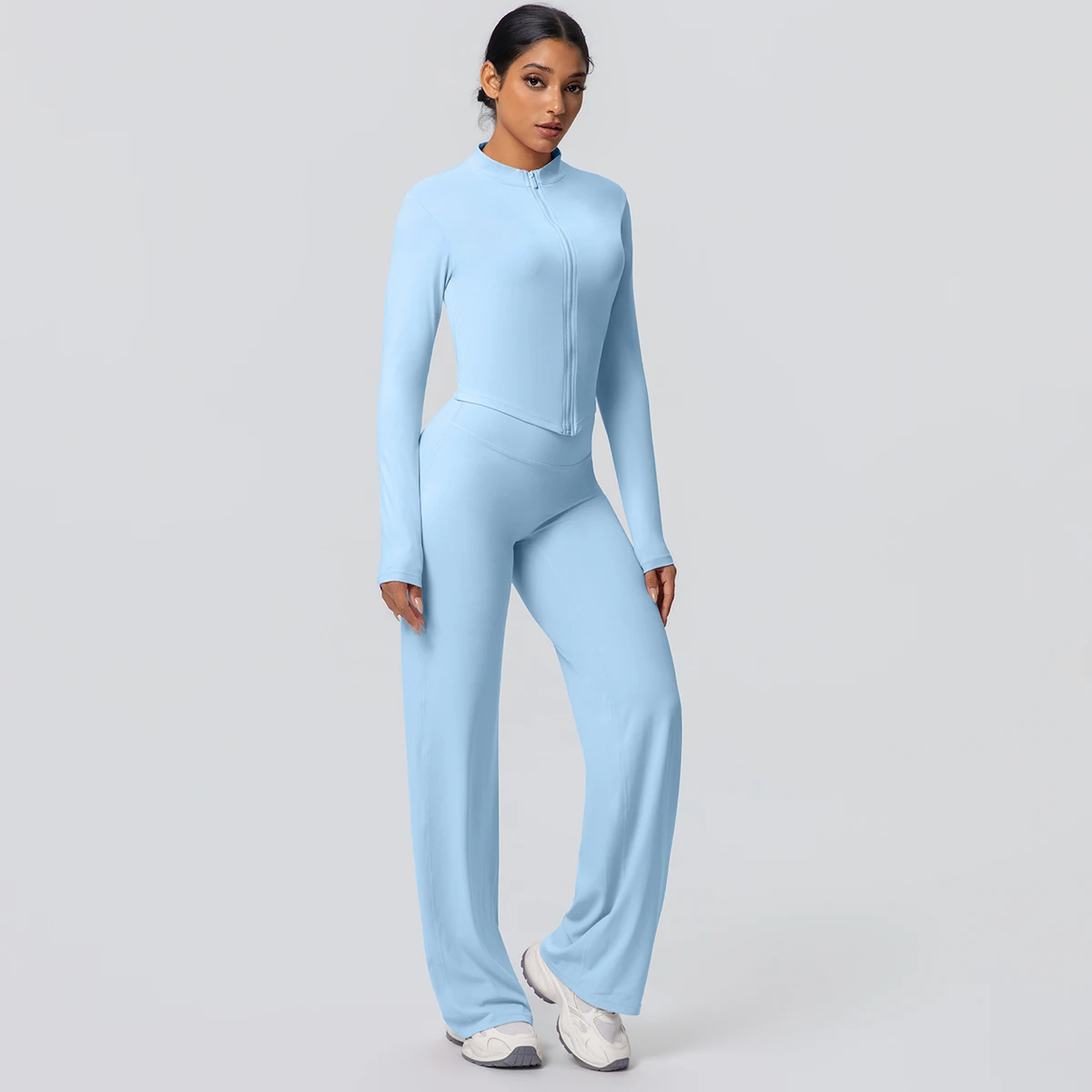 2 stück Schnell Trocknend Sport Fitness Kleidung Yoga Set Frauen Yoga Zipper Lange Ärmel Hohe Taille Atmungsaktive Breite Bein Hosen set – Detail 31