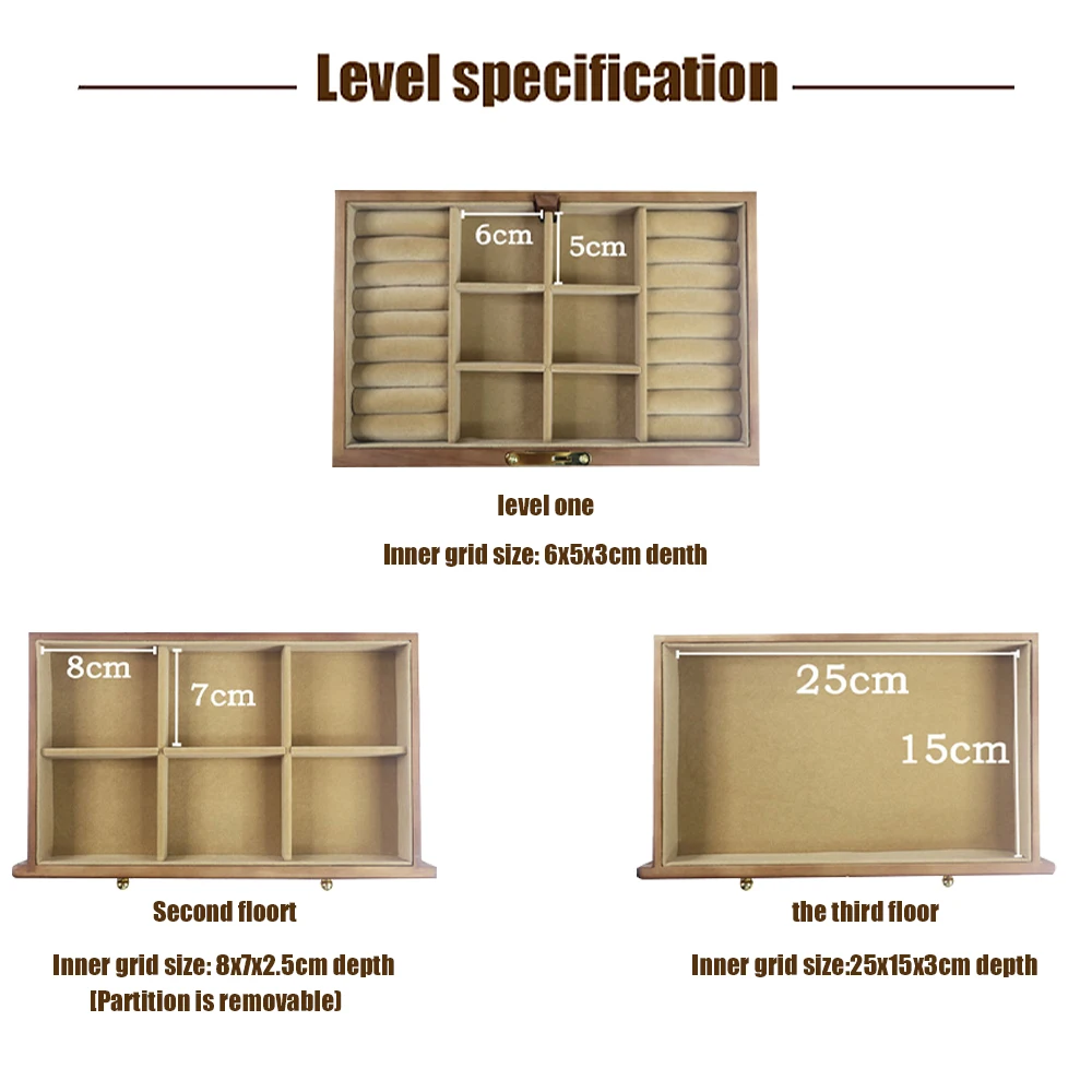 صناديق مجوهرات خشبية صلبة من YB مع مرآة ، تخزين مجوهرات عتيقة ، منظم للأساور والقلادة والخواتم ، 3 طبقات ، جديد