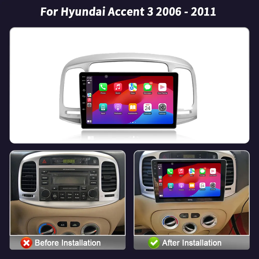 Car Radio Navigation GPS WIFI Multimedia Wireless Carplay Stereo Screen 4G Android 14 For Hyundai Accent 3 2006-2011 2DIN