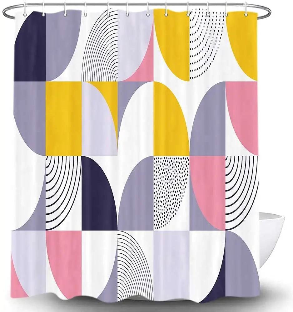 Morden Shower Curtain Mid Century Pink White Yellow Purple Abstract Swiss Geometry Boho Contemporary Bathroom Curtains