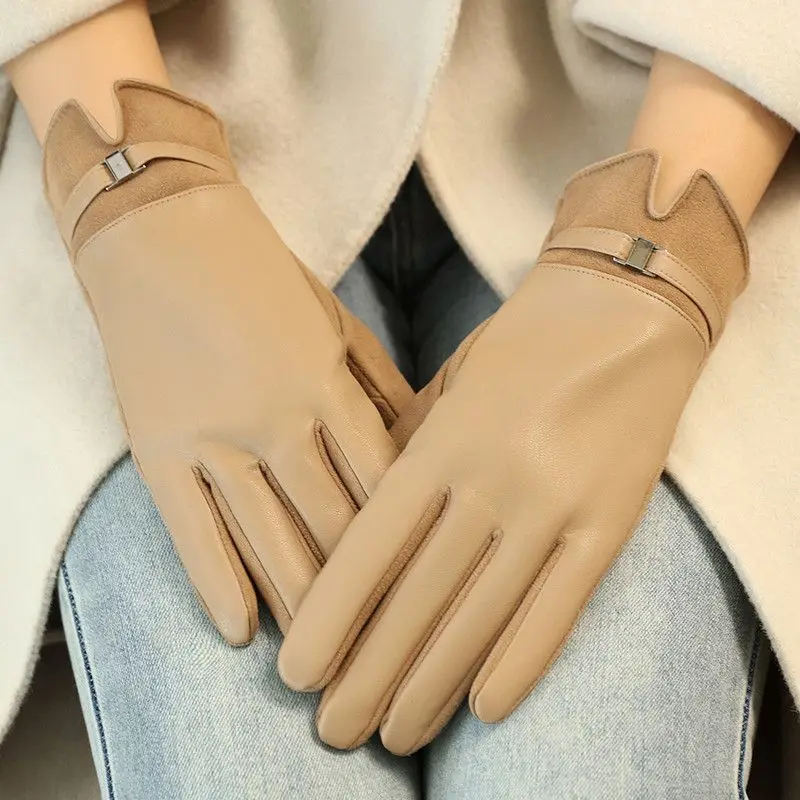 Fashion Metal Chain PU Leather Gloves Outdoor Sport Cycling Skiing Windproof Women Winter Plus Velvet Thicken Touch Screen Warm