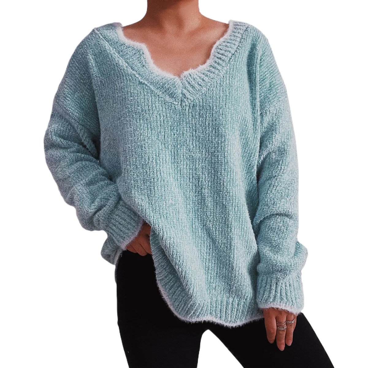 

Autumn Winter New Sweaters Fashion Wavy V-neck Solid Knitted Pullovers Loose Casual Home Wear For Women Keep Warm Top