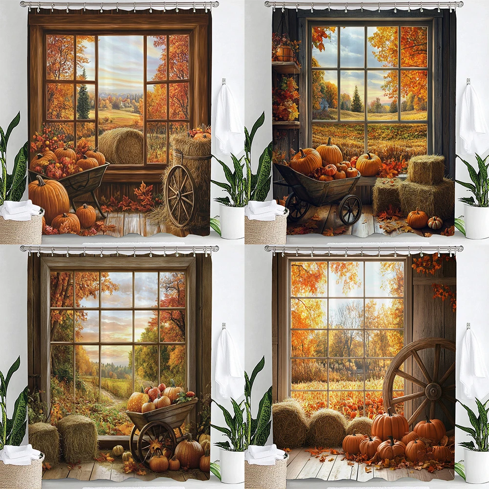 Autumn Thanksgiving, Pumpkins and Maple Leaves Shower Curtain, Farmhouse Rustic style Bathroom Curtain, Polyester Home Curtain