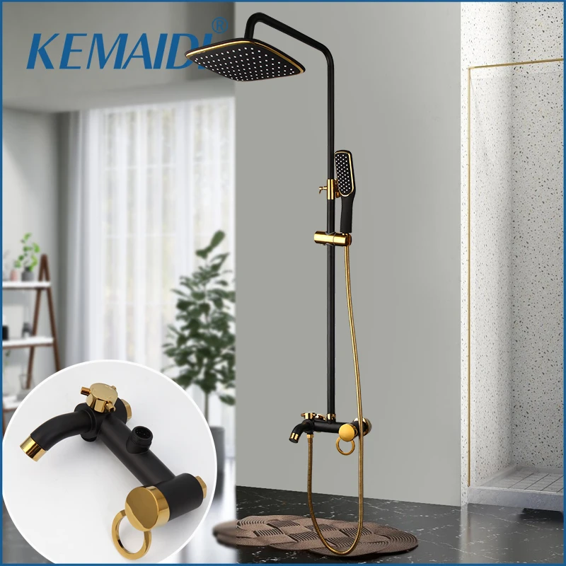 

KEMAIDI Black Golden Bathroom Rainfall Shower Faucet Mixer Shower Set W/ Hand Spray Tap Set Bathtub Shower Mixer System