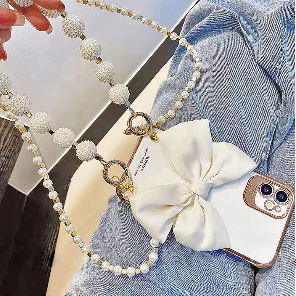 Pearl Necklace Short Chain Phone Case Long Lanyard 3D Bow Soft Cover for iPhone 14 13 12 11 Pro Max X XR XS 7 8 Plus Fashion