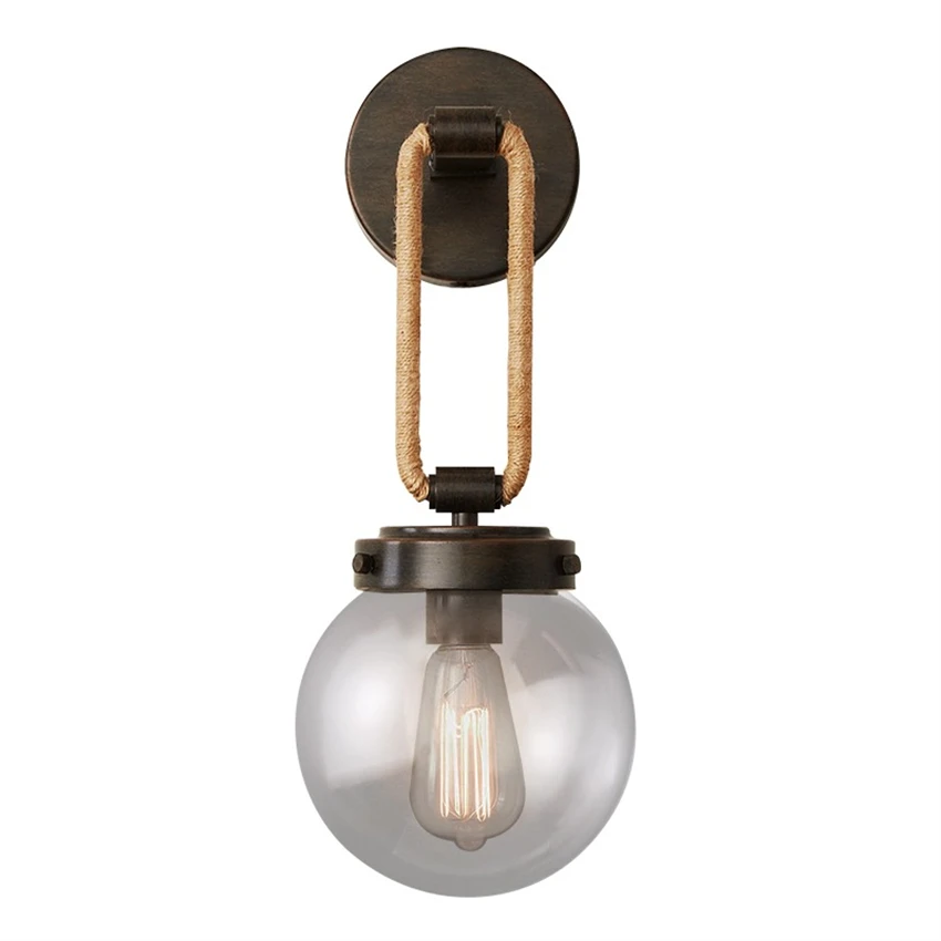 

American retro industrial style loft glass ball wall lamps bar bedroom hemp rope wall sconces lights decorative lamps fixtures