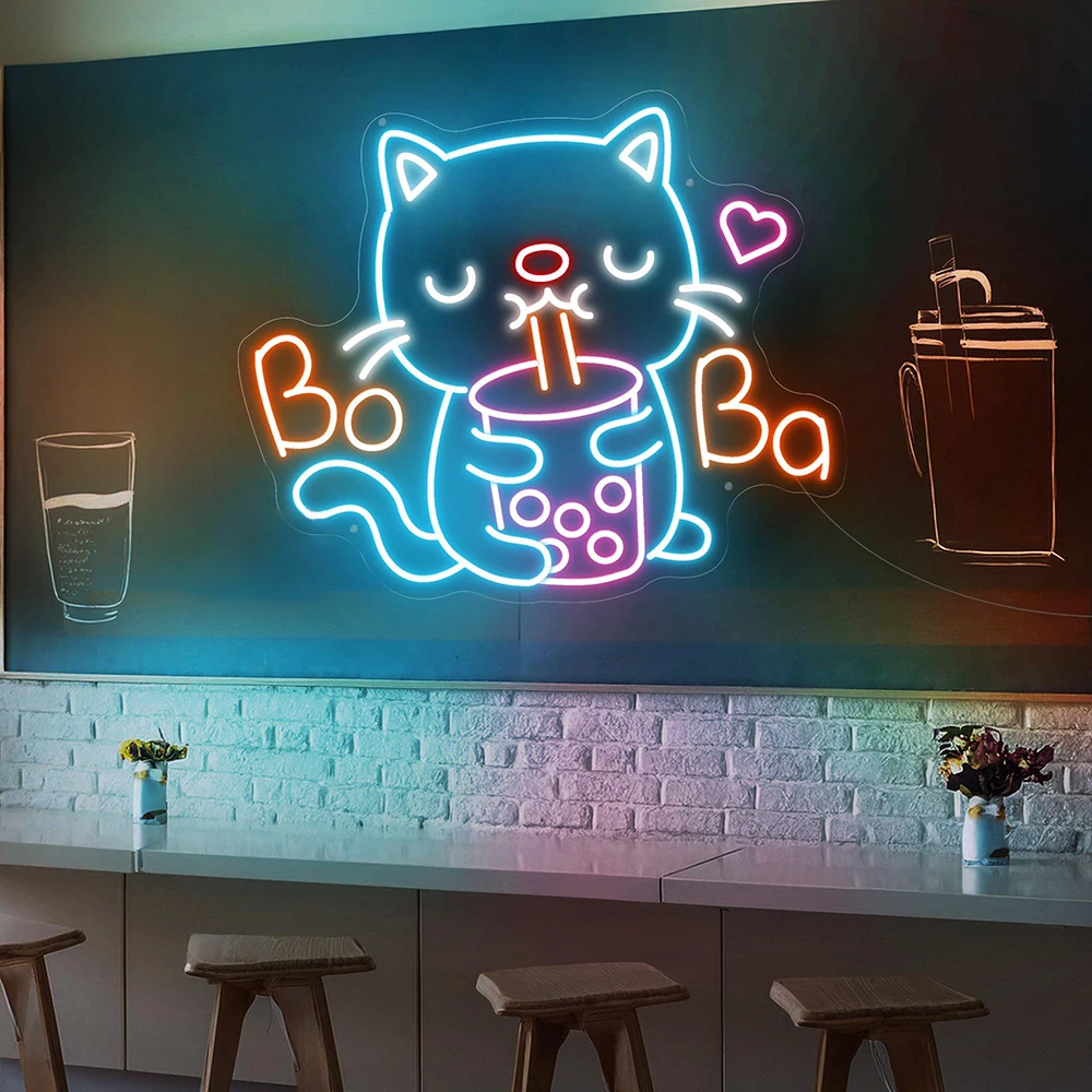 Cat Drinking Boba Tea Led Light Sign for Boba Tea Shop Wall Decor Neon Custom Coffee Bubble Drink Bar Decoration Night Light