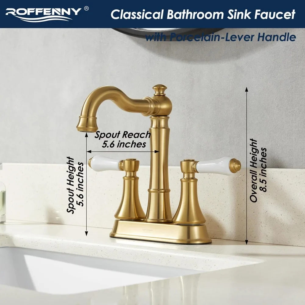صنبور حمام بمقبضين من البورسلين باللون الذهبي المصقول مقاس 4 بوصات، 3 فتحات نحاس عالي القوس 360 درجة °   صنبور دوار، تصريف بلاستيكي منبثق