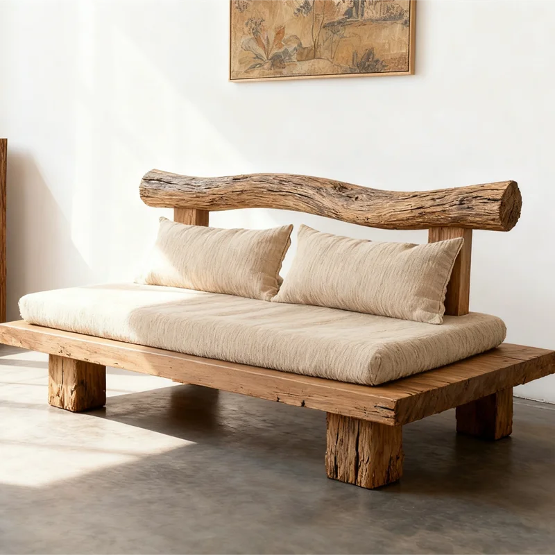 For Log sofa Straight row sofa chair Living room B & B hotel Zen old wood solid wood sofa