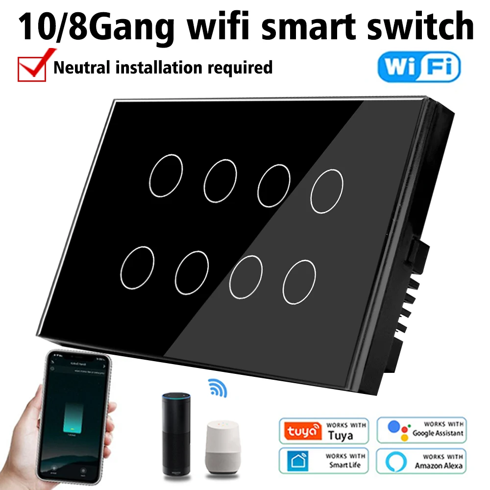 

10Gang Tuya Wifi Smart Touch Light Wall Switch Glass Panel Tuya App whole house control Compatible with Alexa Google Home