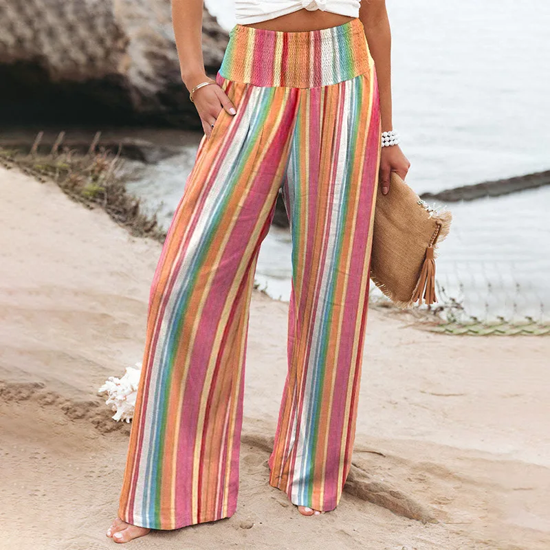 Calça feminina de perna larga com contraste de cor fina, calça solta, listras versáteis, moda verão, nova