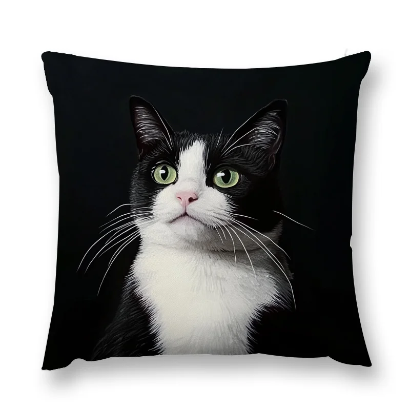 Realistic Black & White Cat Pillow & Cushion Cover 1pc – HD Portrait with Green Eyes, Modern Decor for Sofa or Bedroom