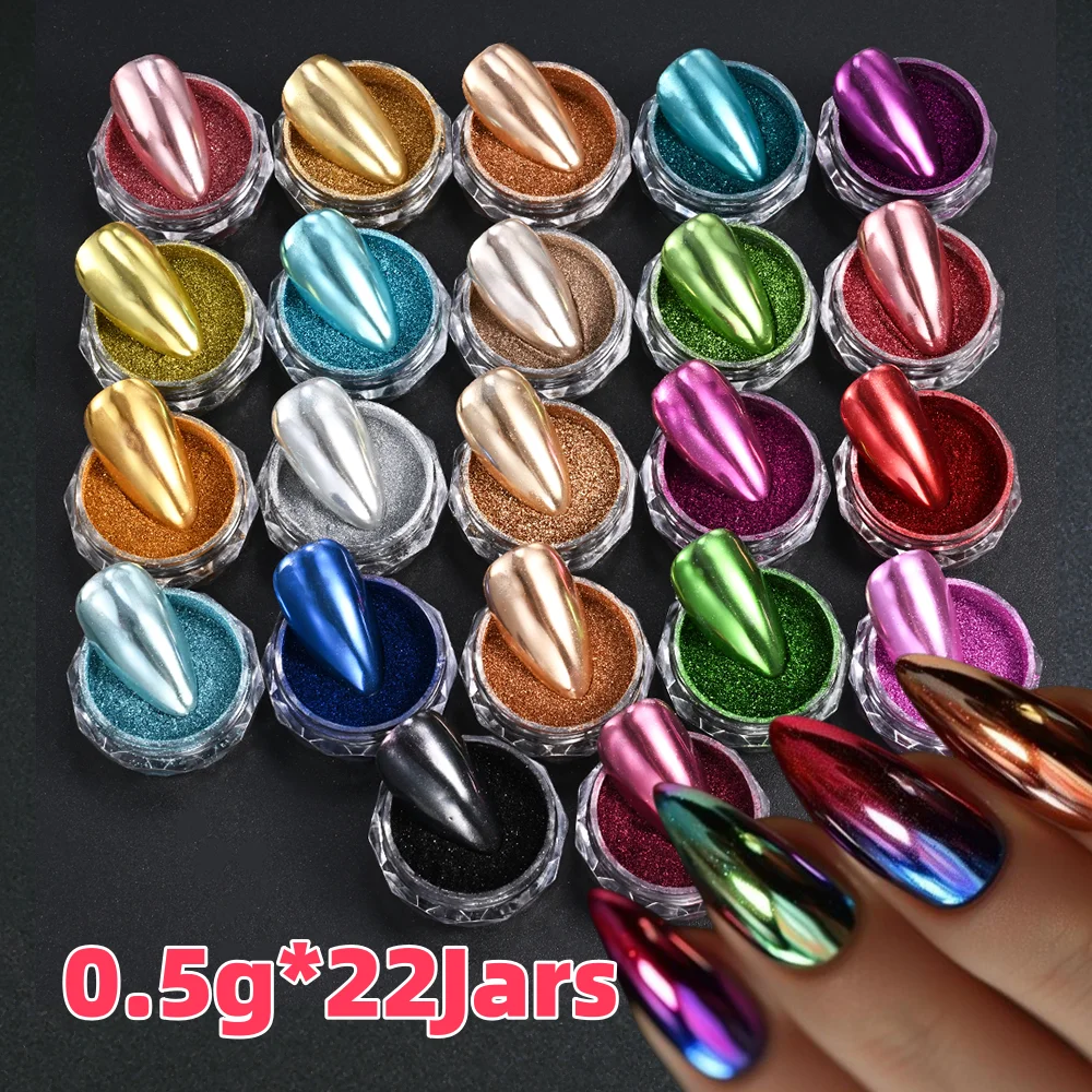 

0.5g*22Jars Metallic Chrome Magic Mirror Nail Powder Y2K Holographic Pigment Dust Fine Glitter Rubbing On Manicure Decorations &