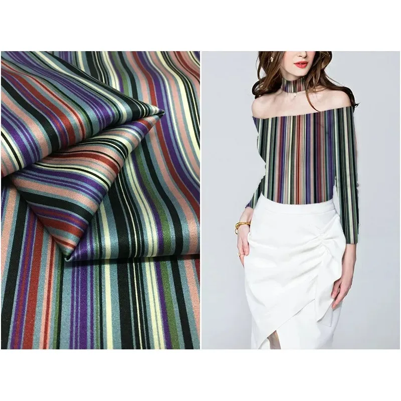 

140cm wide 19mm 97% silk & 3% spandex colored stripes print stretch silk satin fabric for dress shirt clothes cheongsam C011