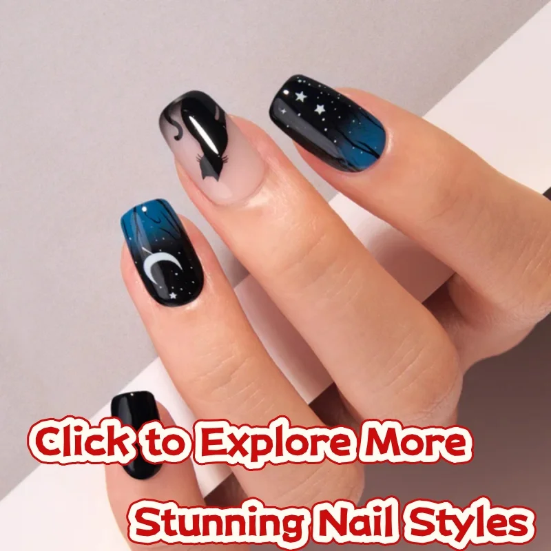 

48Pcs Short Black Cat/Red Square False Nails Gold Foil Nail Design Autumn Winter Press on Acrylic Nail Manicure Tips for Girls