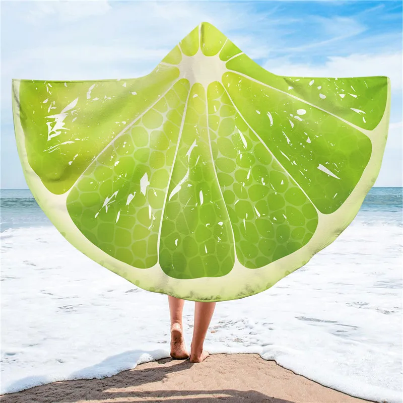 Fruit Print Round Hooded Bath Beach Towel Microfiber Hoodie Poncho Surf Towel for Swimming Pool Beach Bathrobe Cloak with Button