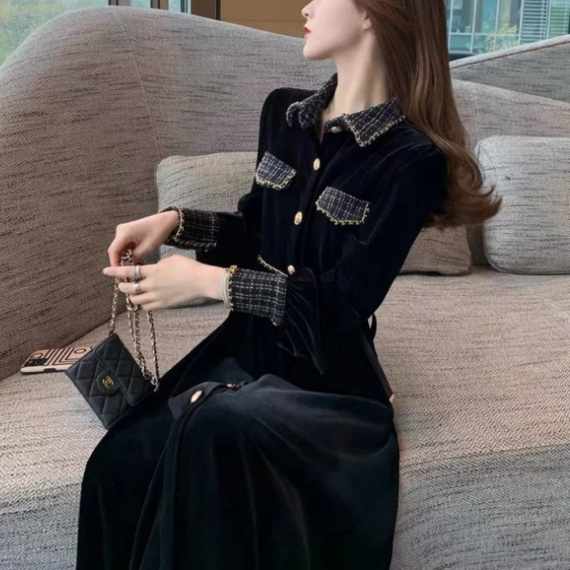 Autumn Elegance Simple Small Fragrance Dress Women Waist Closing Slim Polo Neck Button Long Sleeve High End Black Velvet Dresses