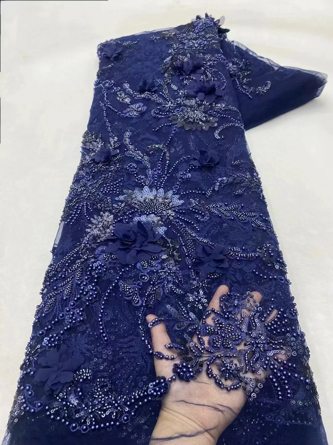 

Nigerian Sequins Beaded Lace Fabric 2024 High Quality White African French Mesh Tulle Lace Fabric For Wedding Party Dress Sewing