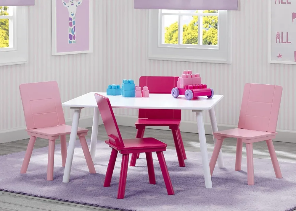 Conjunto de mesa e cadeira infantil infantil, conjunto de mesa e cadeira, 4 cadeiras incluídas, branco e rosa