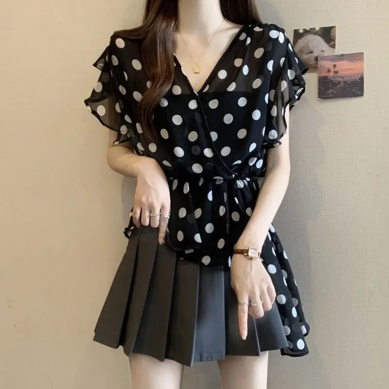

Women's 2026 Summer Chiffon Short Sleeve Blouse Ruffle Detail Puff Sleeve V Neck Waist Cinching Asymmetrical Design