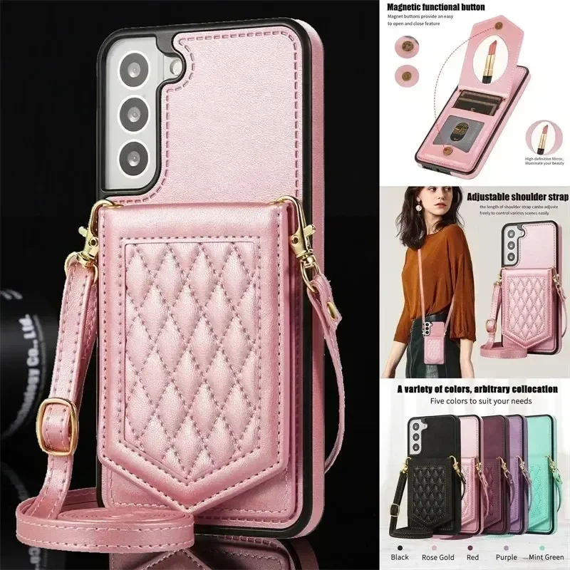 

Flip Leather Phone Case for Samsung Galaxy S24 FE S23 Ultra S22 Plus S21 S20 A14 A54 A13 A53 Shoulder Strap Wallet Card Cover