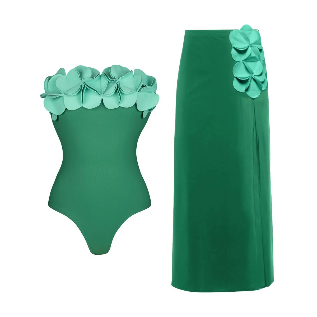 

2025 Swimsuit New 3D Floral Shoulder Set Fresh Green One-piece Swimwear for Women
