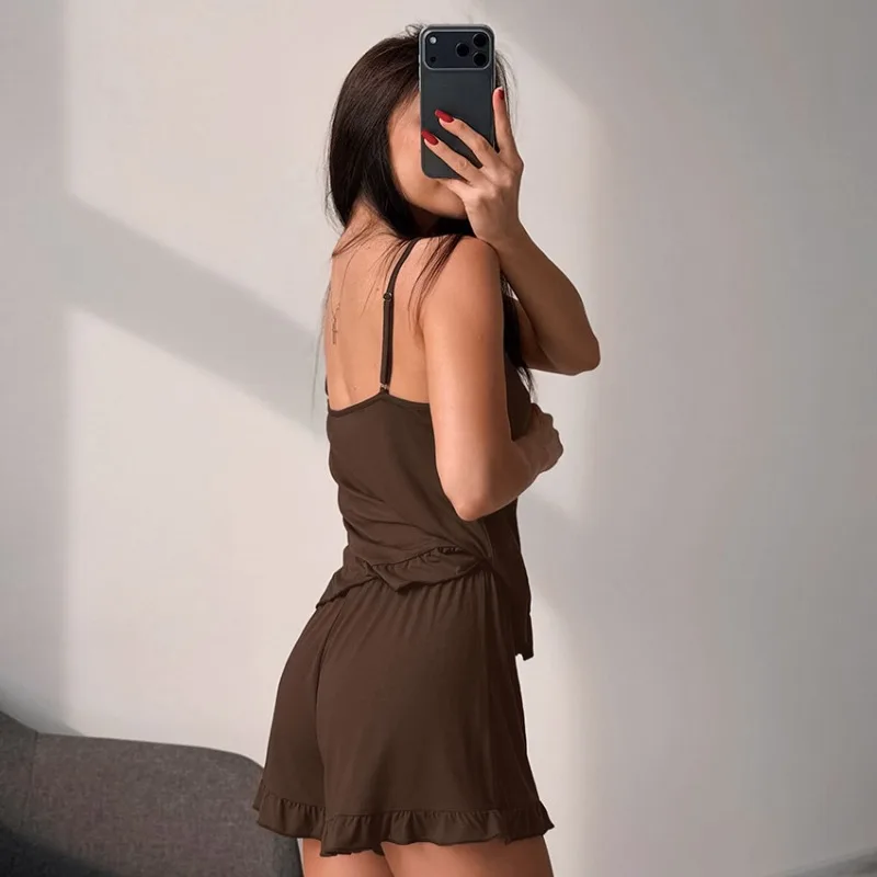 2026 European and American Knitted Modal Vest and Fungus Edge Shorts Two-Piece Set, Soft Pajamas for Comfortable Loungewear