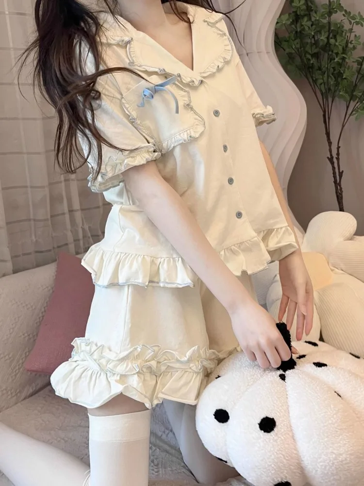 Sweet Sleepwear Women Pajama Sets Lingerie Short Sleeve Cardigan Shorts Princess Japanese Loungewear Kawaii Ruffles Pajamas