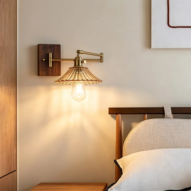 Medieval Telescopic Arm Glass Wall Lamps Walnut Retro Creative Living Room Bedroom Corridor Study Reading LED Wall Lights