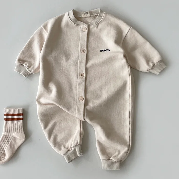 Newborn Baby Clothes Kids Korean Romper Autumn 2023 New Long Sleeve Single Breasted Fashion Solid Color Sweet All-match Cute