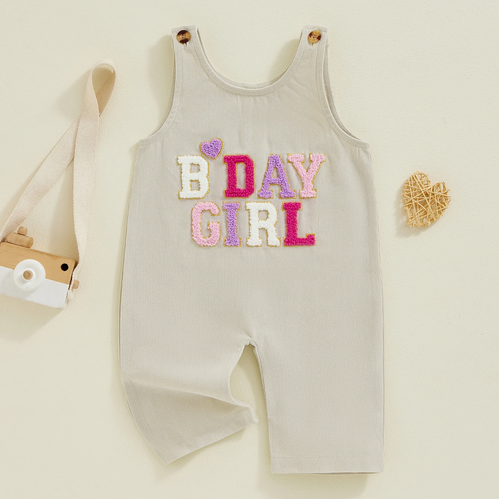 Girls Boys Birthday Jumpsuit Sleeveless Crewneck Letter Embroidery Casual Playsuit