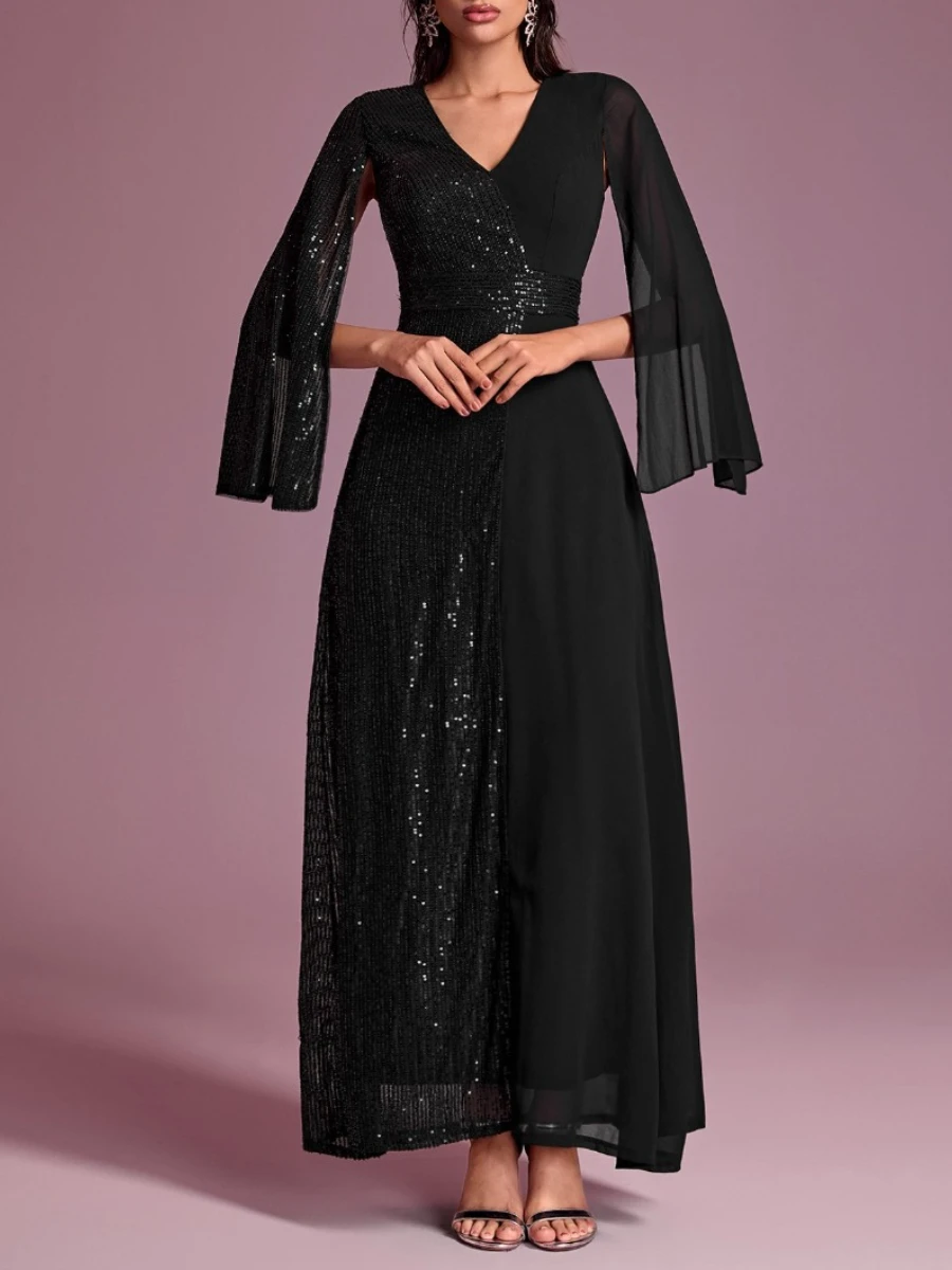 VGH พรหมชุดราตรี Spliced Sequins ชุดผู้หญิง V คอแยกแขนยาวเอวสูง Patchwork ตาข่ายชุดราตรีหญิง