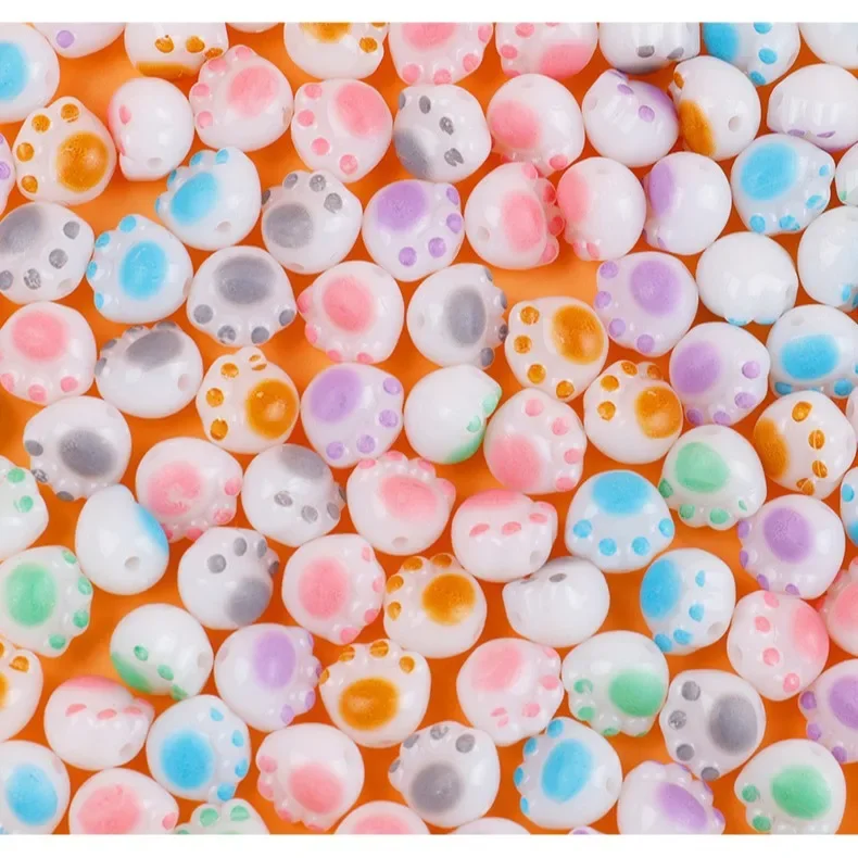 10pcs Cartoon Cat Paw Beads 12mm White Acrylic Perforated Beads Clothing Tassel Bracelet Beads