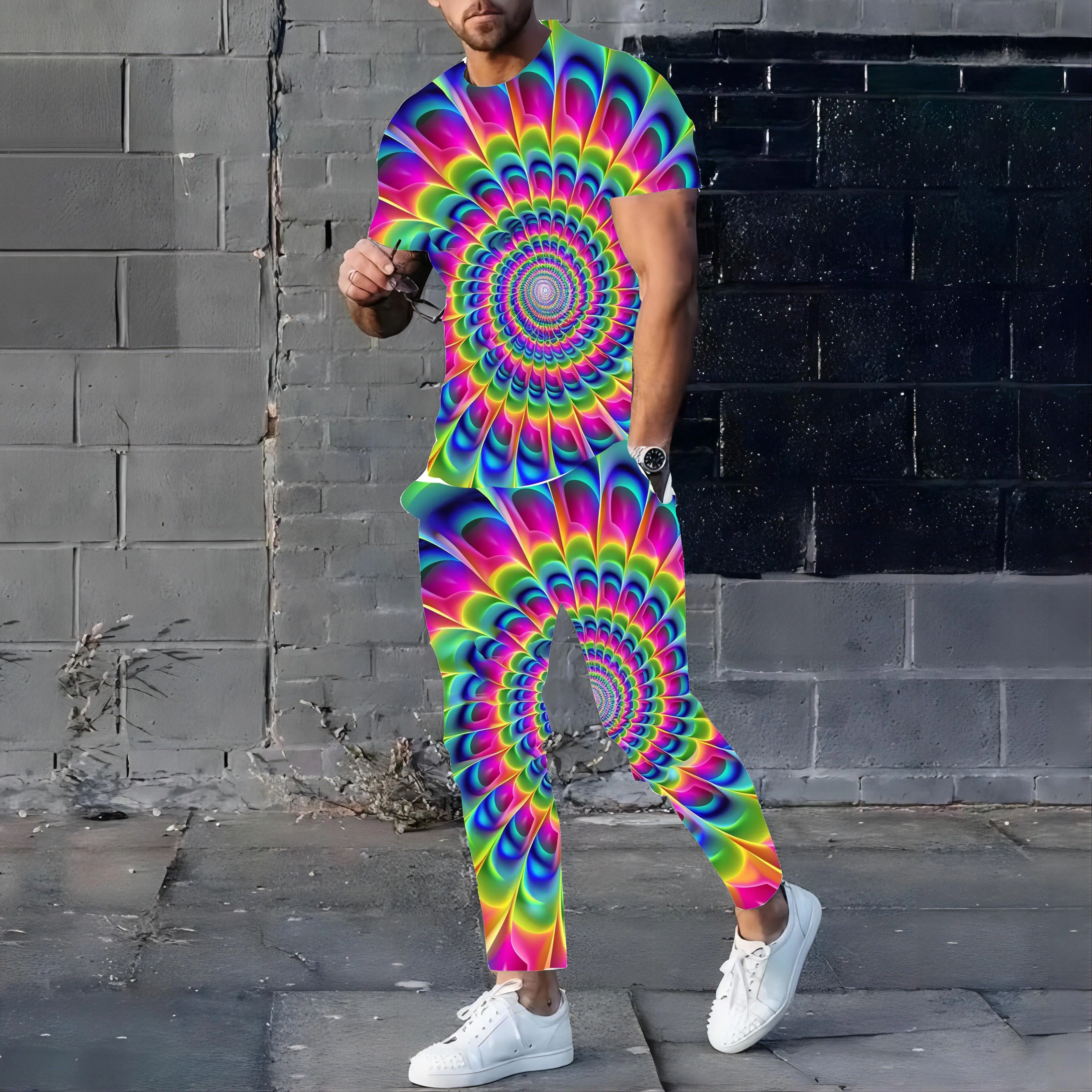 Psychedelic Dizziness 3D Print Men Sportswear Set Casual Short-Sleeved T Shirt Pants 2-Piece Set Oversized Pullover Men Clothing