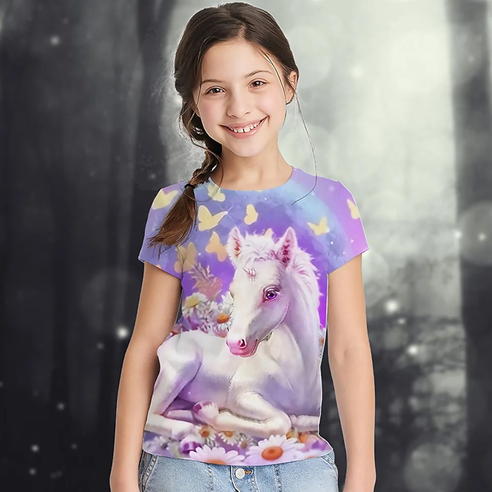 2024 Animal Cute Horse 3d Printed Fun Girls' T-Shirt Children's Clothing Top Tee Baby Girl T-Shirt Summer Casual Short Sleeve