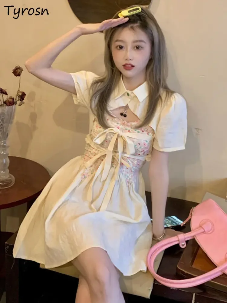 

Комплекты платьев-рубашек, женские милые шикарные летние мини-принцессы с цветочным принтом для студентов, складки для отдыха, консервативный нежный дизайн, на шнуровке, во французском стиле