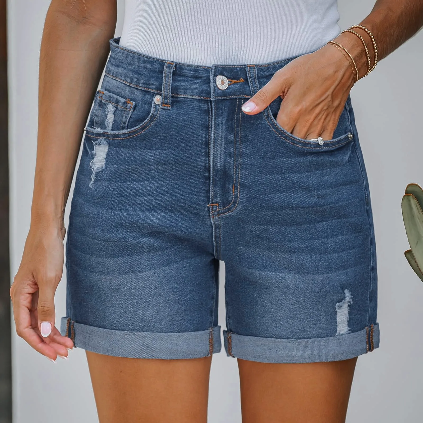 

High Waist Ripped Women Shorts Jean Stretchy Trendy Straight Denim Shorts With Pockets Women Solid Short For Spring & Summer