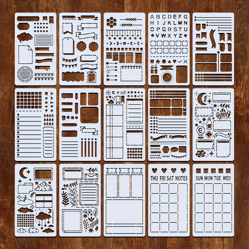 15PCS Bullet Journal Stencil Set Diary Planner Template Drawing Layout Notebook Scrapbook Tool