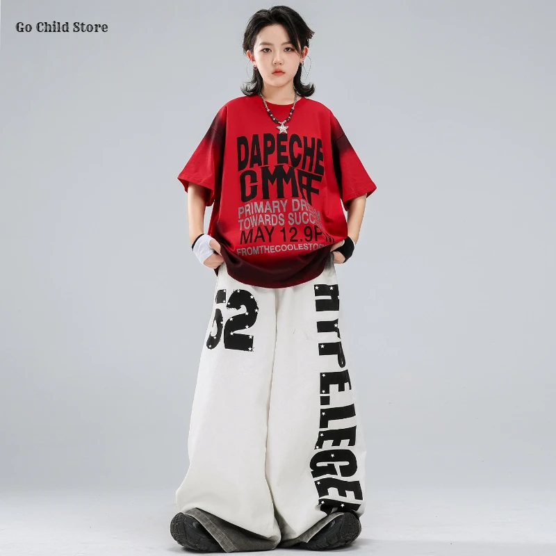 Boys Hip Hop Letters T-shirt Street Dance Gradient Loose Pants Girls K-pop Jazz Streetwear Kids Costumes Children Clothes Sets