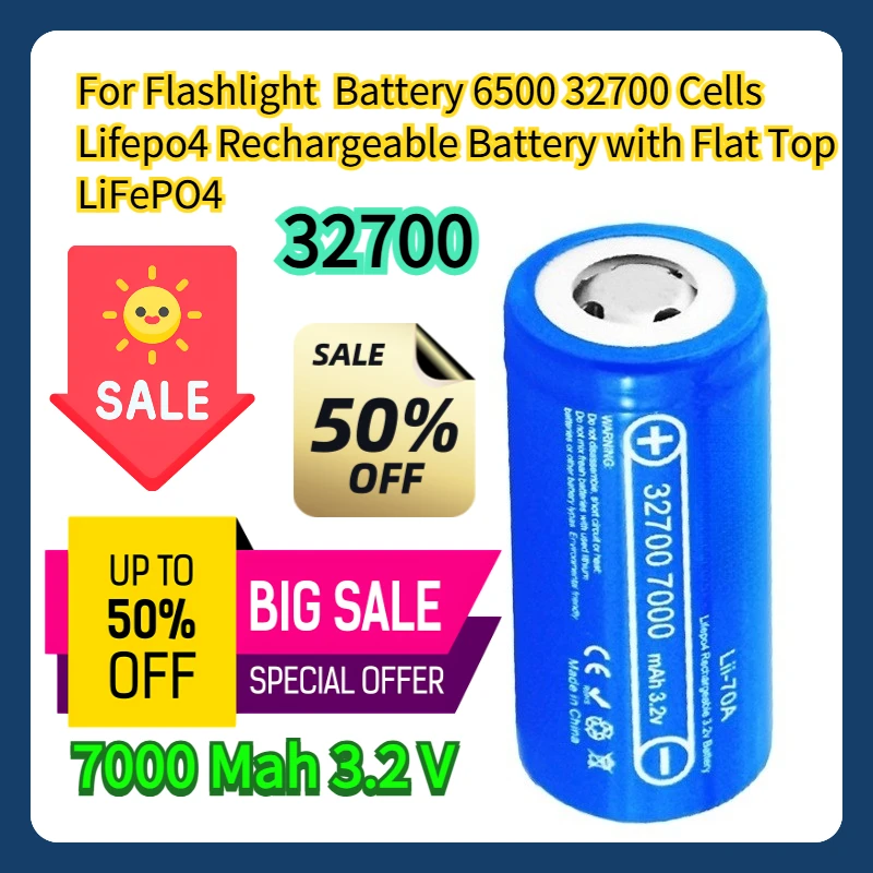 

For Flashlight 32700 Battery 6500 32700 Cells Lifepo4 7000 Mah 3.2 V Rechargeable Battery with Flat Top LiFePO4