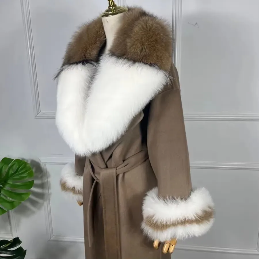Women Cashmere Wool Coat Real Fox Fur Collar Cuffs Warm Winter Fur Coat High Quality Natural Fur Best Seller