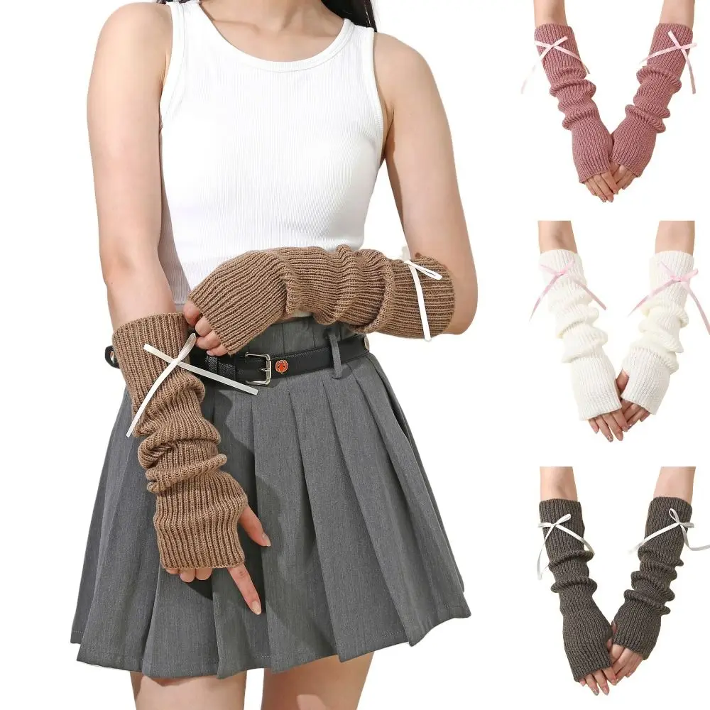 Fashion Y2K Long Wrist Gloves Thicken Soft Arm Warmers Bowknot Solid Color Half Finger Gloves Women