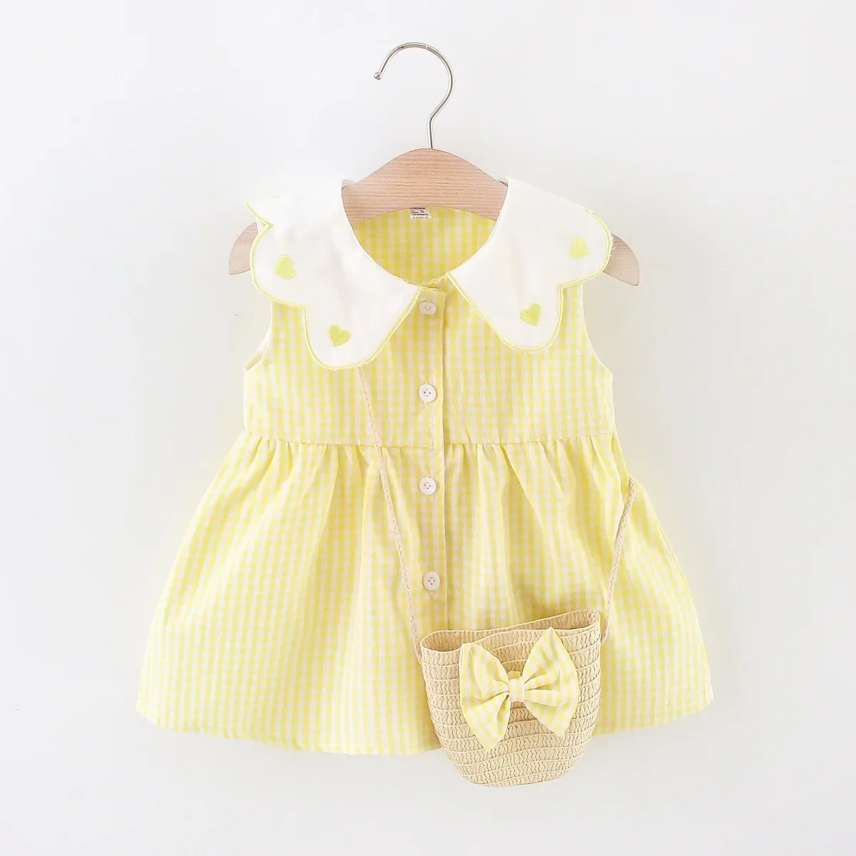 2PCS/SETSummer Girls' Dress New Foreign Trade Sweet Love Embroidered Lapel Simple Plaid Tank Top Skirt Strap Bag