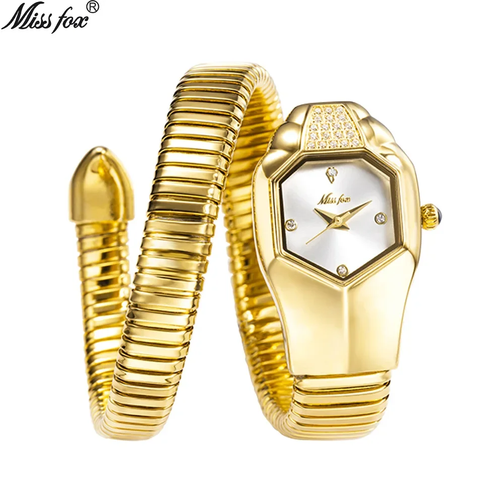 MISSFOX Women's Watches Unique Snake Shape Luxury Wrist Watch for Women Bling Gold Quartz Ladies Watch ClockRelogio Feminino