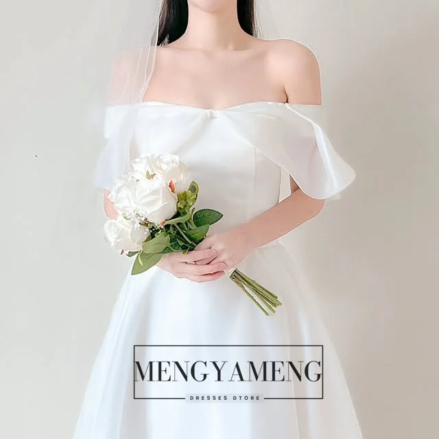 ZHUISHU カスタムメイド ボートネック シルクオーガンザ 韓国風ウェディングドレス フェアリーAライン ブライダルウェディングフォトシュートガウン セルフウェディングドレス