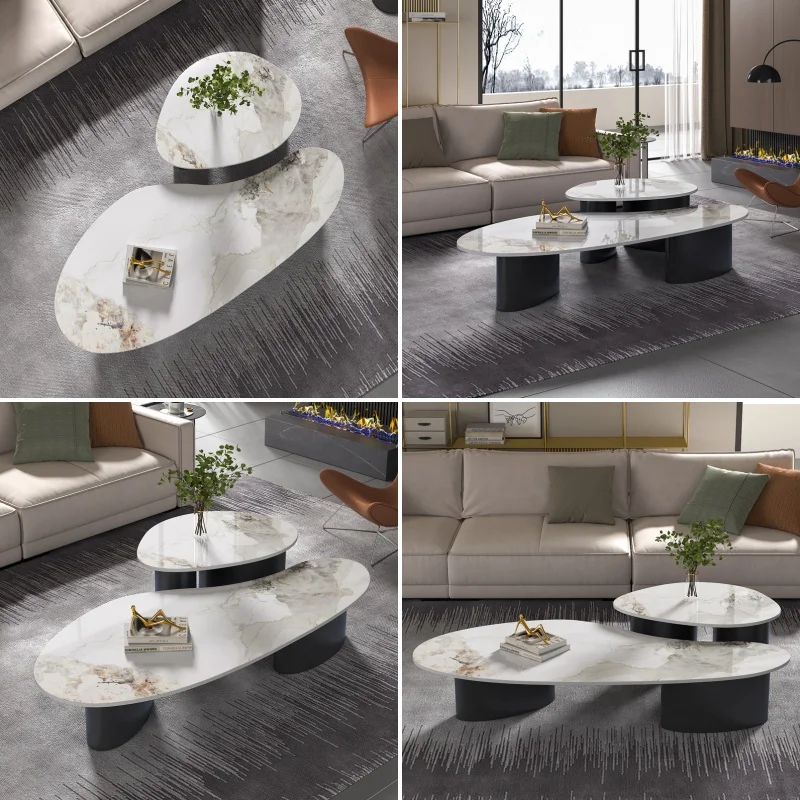 Nowoczesny minimalistyczny stolik kawowy z płytami kamennymi, designerskie meble do małych mieszkań, lekki luksus.