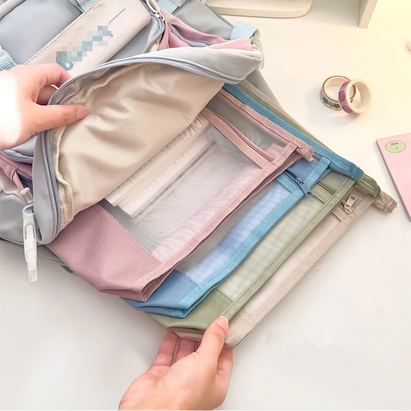 A4 Stationery Storage Bag Double-layer Mesh Zipper Bag Large Capacity Organizer  Cosmetic Makeup Pocket Transparent File Folders