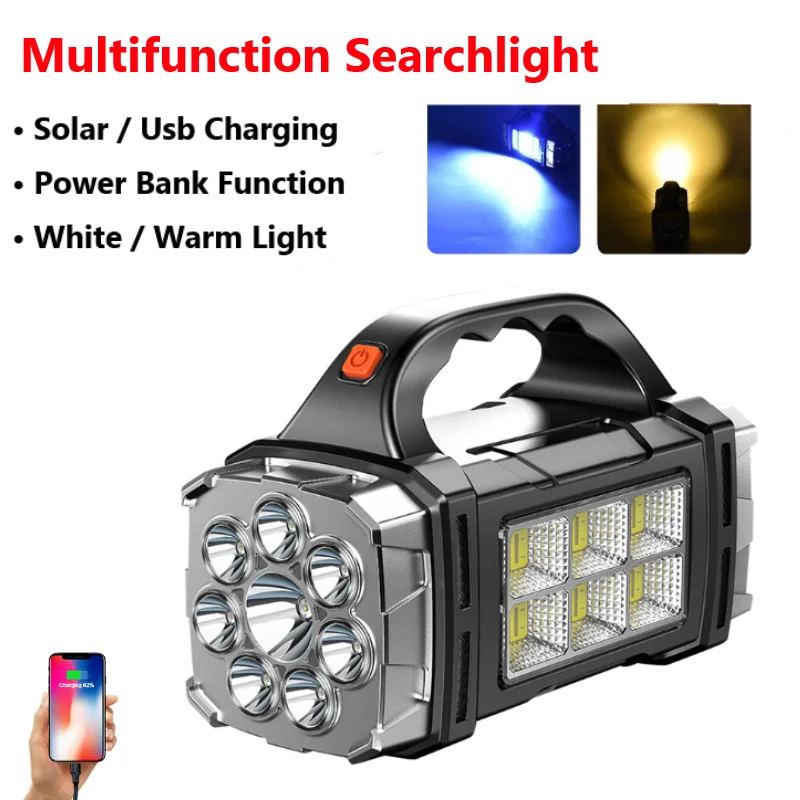 Portable Rechargeable Searchlight 8/4 LED Powerful Flashlight High Power Solar Charging Hand Lamp Torch With COB Work Lantern